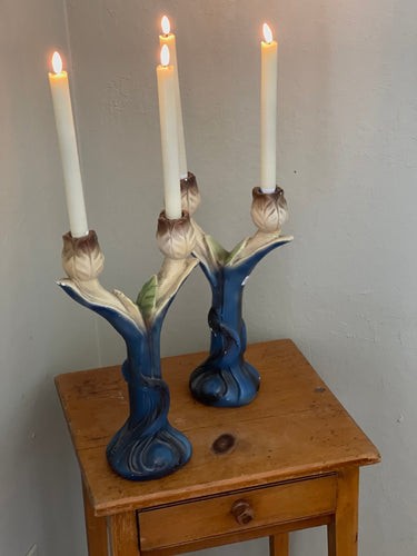 Vintage Art Nouveau French Tulip Candle Sticks (1930s) - Pair of Plaster Candelabras - The Celtic Farm