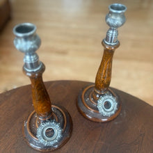 Load image into Gallery viewer, Vintage Eduardian Wood and Metal Candle Holders