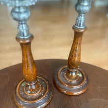 Load image into Gallery viewer, Vintage Eduardian Wood and Metal Candle Holders