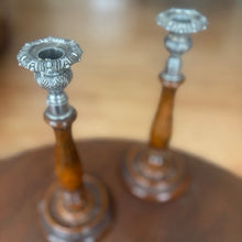 Load image into Gallery viewer, Vintage Eduardian Wood and Metal Candle Holders