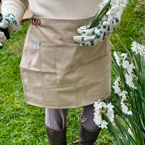 Waxed Canvas Half Apron — Khaki with Real Leather Strap - The Celtic Farm