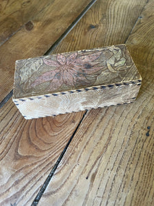 Antique Pyrography Box (1890-1910) - Wooden Box with Brass Hinges