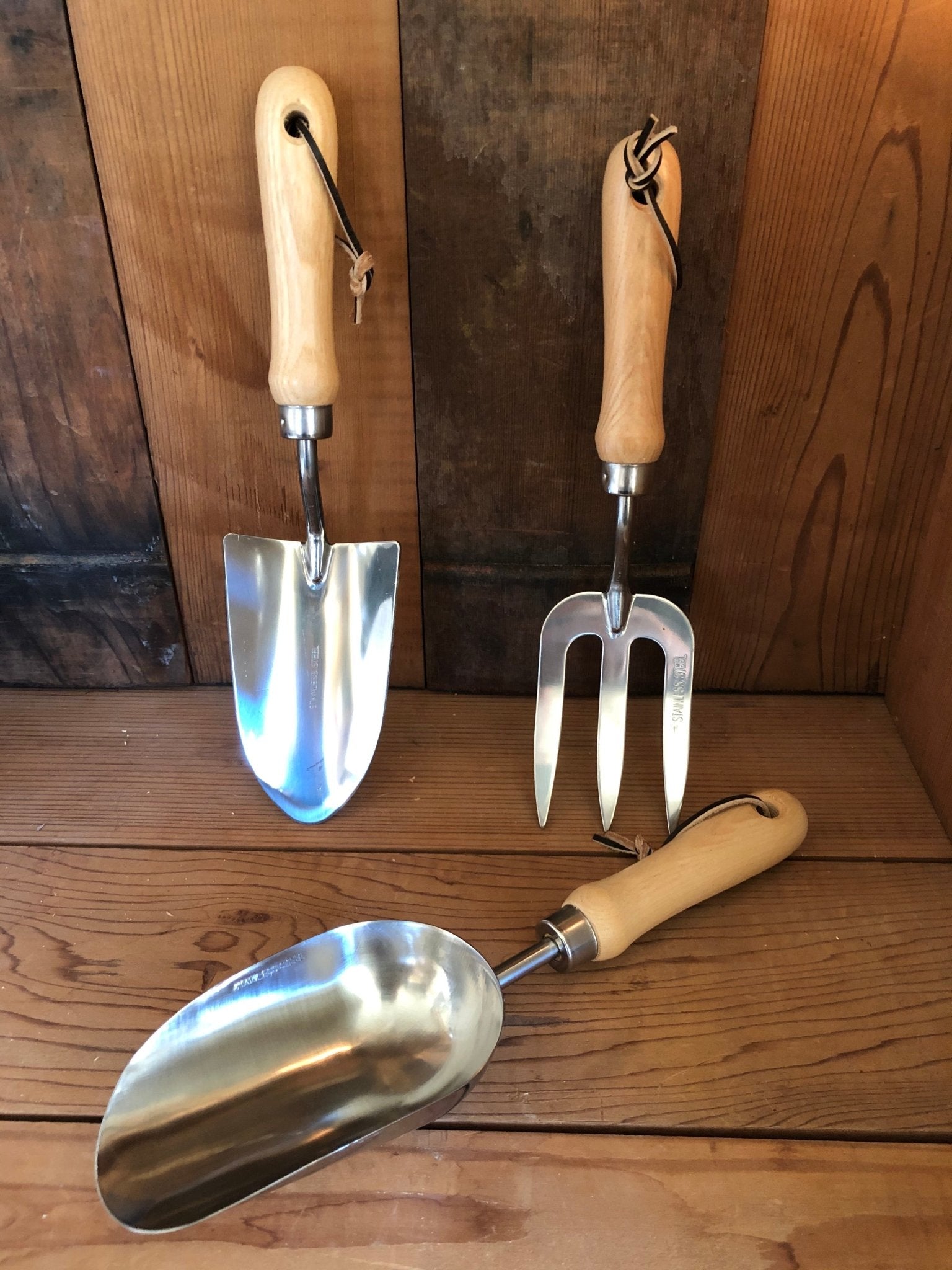 garden hand trowel and fork Garden Hand Tool Set - Hardwood and Stainless