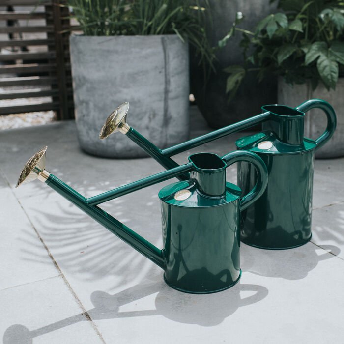 Large outdoor British watering can with brass rose