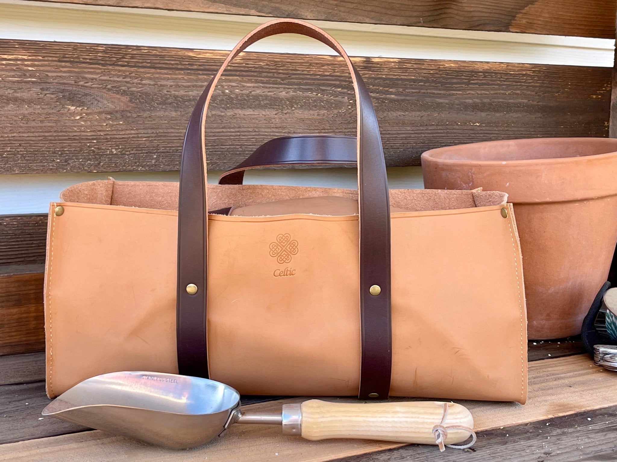 Buffalo Leather Tote Tool Bag for Hand Tools, Gardening, Golden Brown